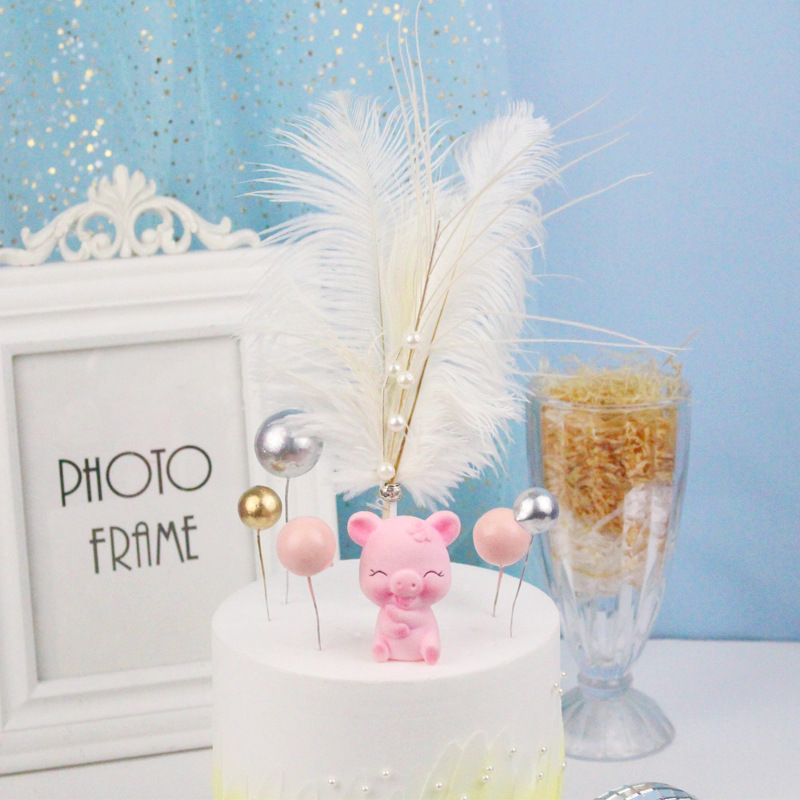 新款ins风格天然鸵鸟珍珠羽毛烘焙蛋糕装饰插件插牌 唯美米色鸵鸟