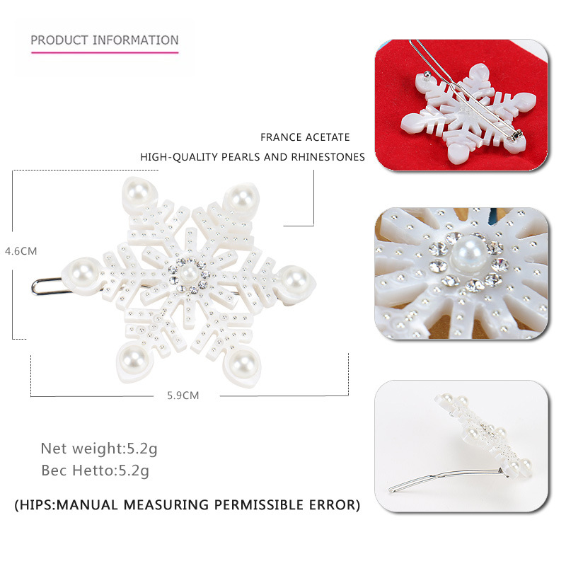 Fashion Snowflake Acetic acid sheets Inlay Rhinestones Pearl Hair Clip 1 Piece