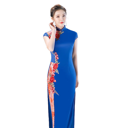 Chinese Dress Qipao for women Moon cheongsam blue side flower long waisted cheongsam show cheongsam