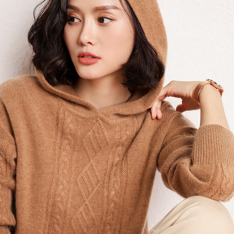 秋冬季新款羊絨絞花衛衣女寬松韓版休閑羊毛帽衫套頭連帽毛衣女