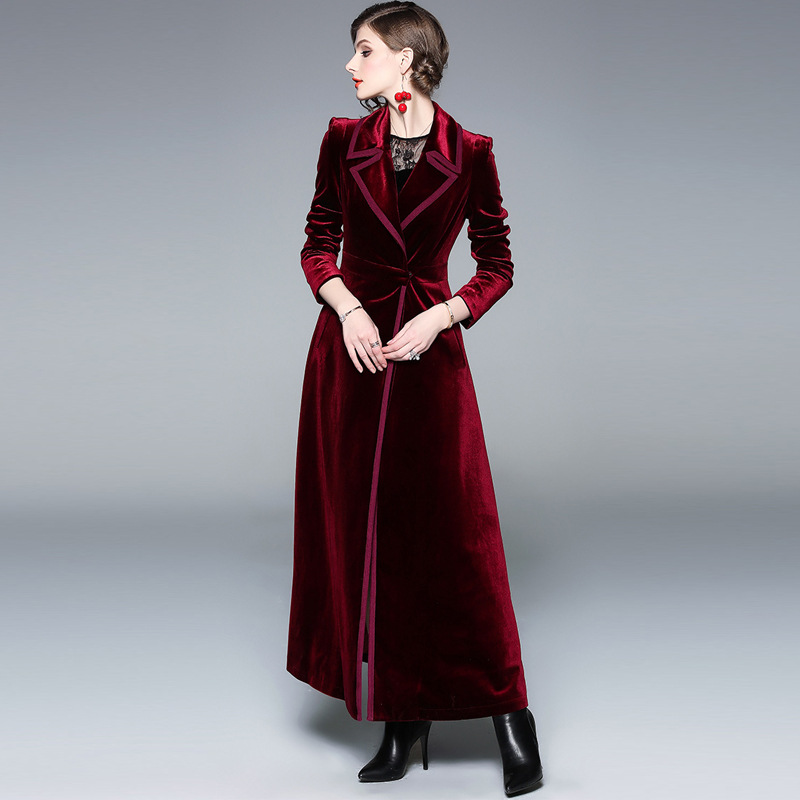 fashion Women's wear velvet coat Europe station tailored collar Long sleeve The secret Self cultivation a word Extension Windbreaker overcoat
