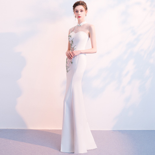 Evening Dresses cocktail party banquet dress vestido de banquete de cóctel White evening dress female banquet president standing collar fishtail Qipao skirt