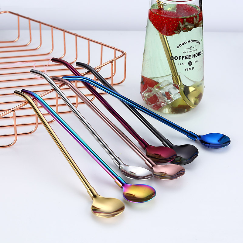 Wholesale 304 Stainless Steel Straw-Spoon 2-in-1 Bent Design, Gold-Plated Mug with Metal Straw-Spoon&mdash;Perfect for Stirring and Sipping