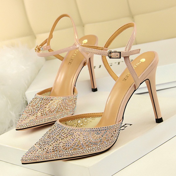 fashion sexy with thin heel shallow mouth pointed mesh hollow water drill  