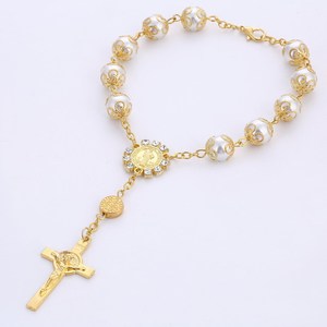 2pcs 10MM Glass Pearl Tori Baby Baptism Bracelet Cross Catholic Rose Gold Rosary Bracelet Beaded Bracelet Jesus
