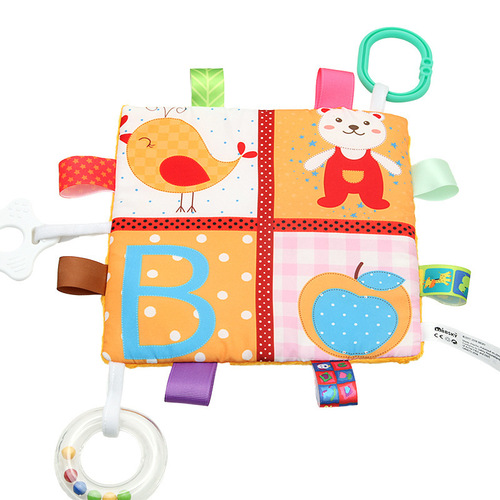 BBSKY Baby Cartoon Tag Doudou Baby Soothing Towel Single Page Rattles Teether Ring Visual Cloth Book