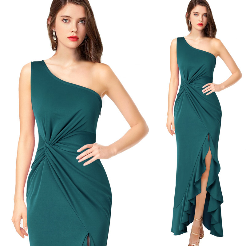 Elegantes Abendkleid Mit Rüschensaum Und Schlitz Für Damen_voghion.com