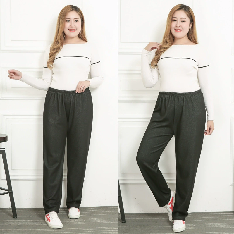 Зимние 200 кг 300 кг жира плюс жир плюс размер с высокой талией, эластичная подкладка из имитации джинсовой ткани с флисовой подкладкой, широкий рот, теплые брюки