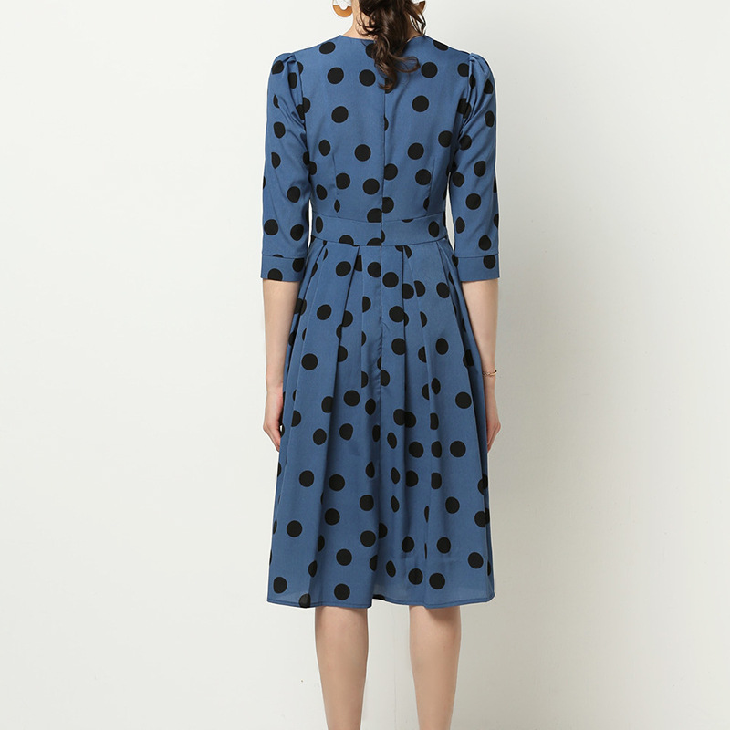 Polka Dot Print Round Neck Long Sleeve Chiffon Dress NSGE37811