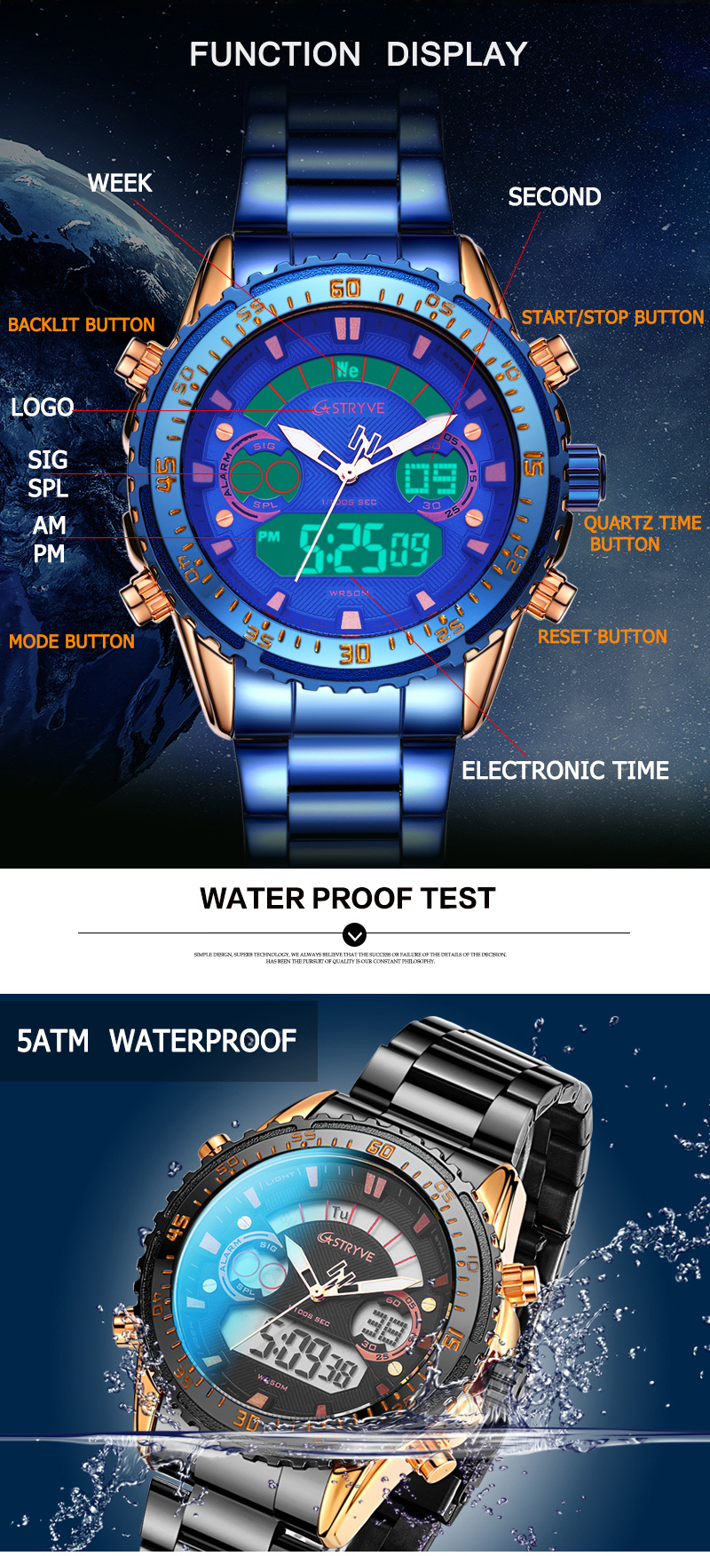 5度防水2035日本机芯STRYVE男士不锈钢运动表蓝光玻璃手表S8020新详情3