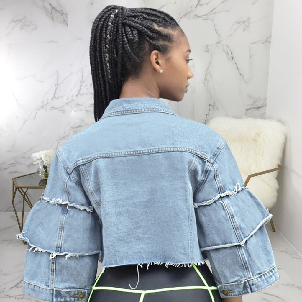 Stitching Sleeved Crop Denim Top NSMRF116556