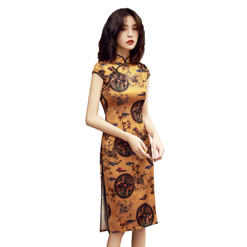 Traditional silk cheongsam qipao dresses Chinese style girl daily cheongsam fashion temperament slim cheongsam dress