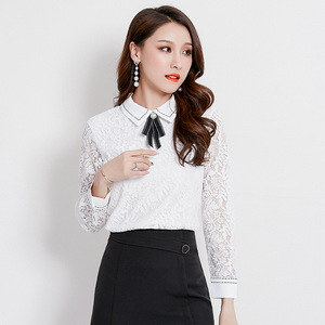 Autumn embroidered hollow nail bead long sleeve bow lace shirt