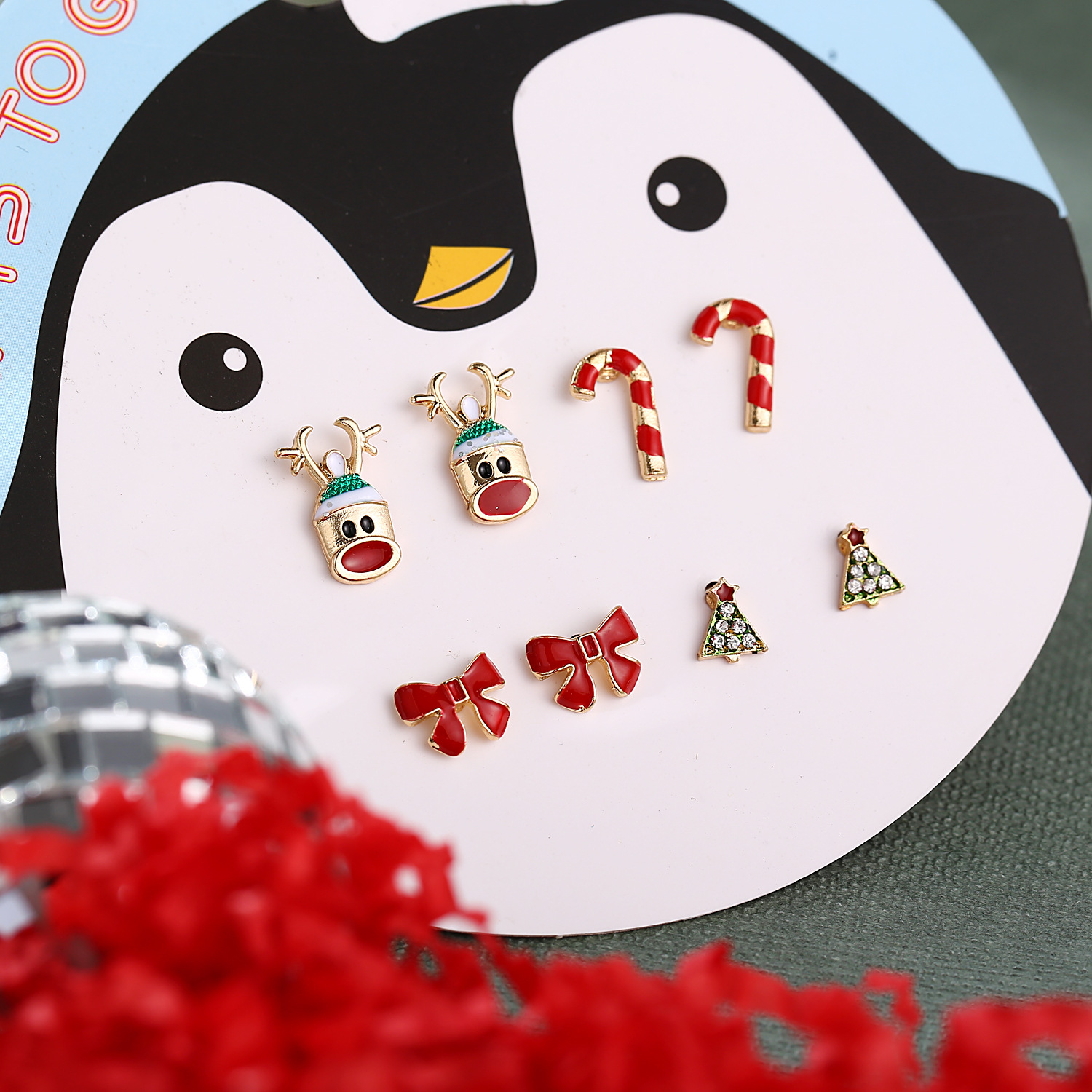 Four Pairs Of Cartoon Christmas Deer Earrings Christmas Tree Bow Earrings Deer Head Cane Earrings display picture 3