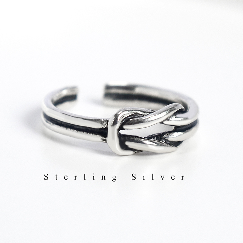 Retro Distressed Double Knotted Ring S925 Sterling Silver Ring Personality Female Silver Ring Chic Korean Fashion Jewelry