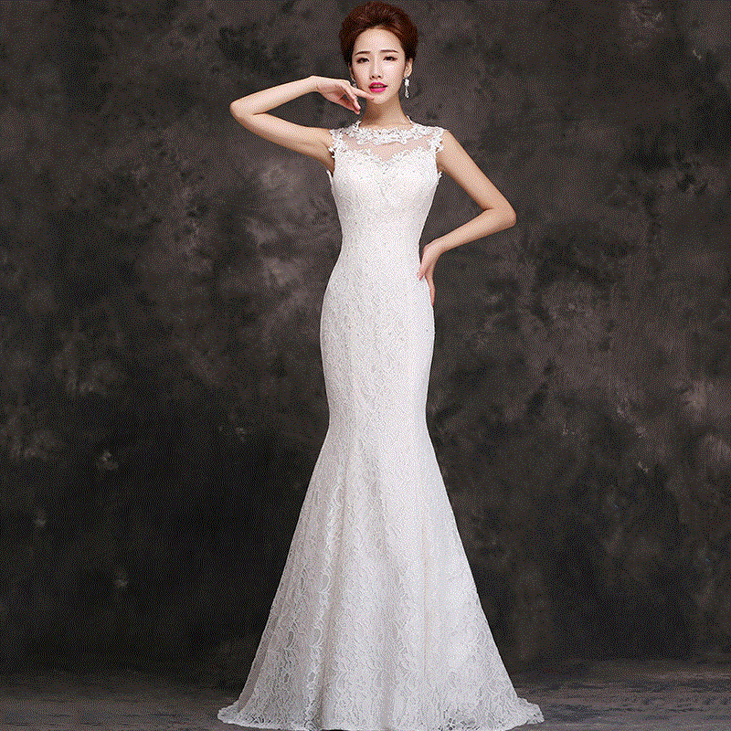 Amazon Lace Wedding Dress White fishtail bride tail light wedding dress one shoulder party evening dress