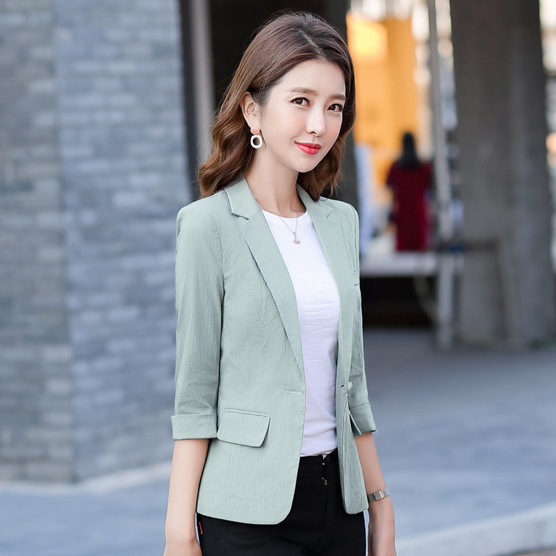 棉麻小西装外套女短款2020春季新款韩版时尚黑色休闲薄款西服2012