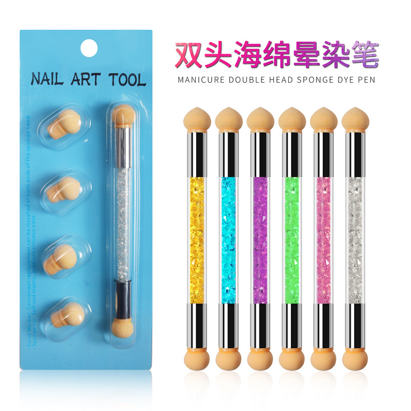 Herramientas de uñas pluma de gradiente manchas pluma punto color pluma fototerapia punto color pegamento esponja pluma de doble cabeza lavable y reemplazable 4-cabeza