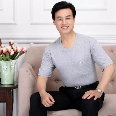 夏季中老年爸爸装短袖纯棉口袋T恤纯色薄款圆领休闲男装一件代发t