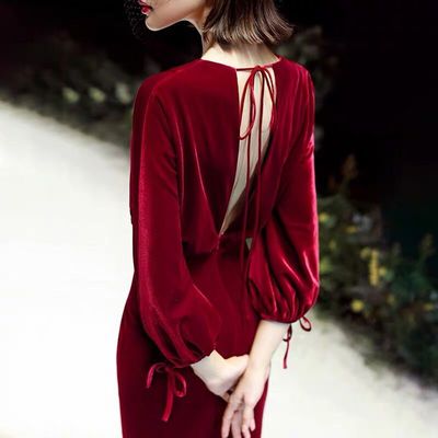 敬酒服新娘2019新款連衣裙年會氣質絲絨宴會晚禮服工廠直銷可批發