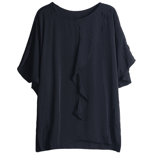 Round-collar Top Women’s Chiffon Black T-shirt Short-sleeve Summer 