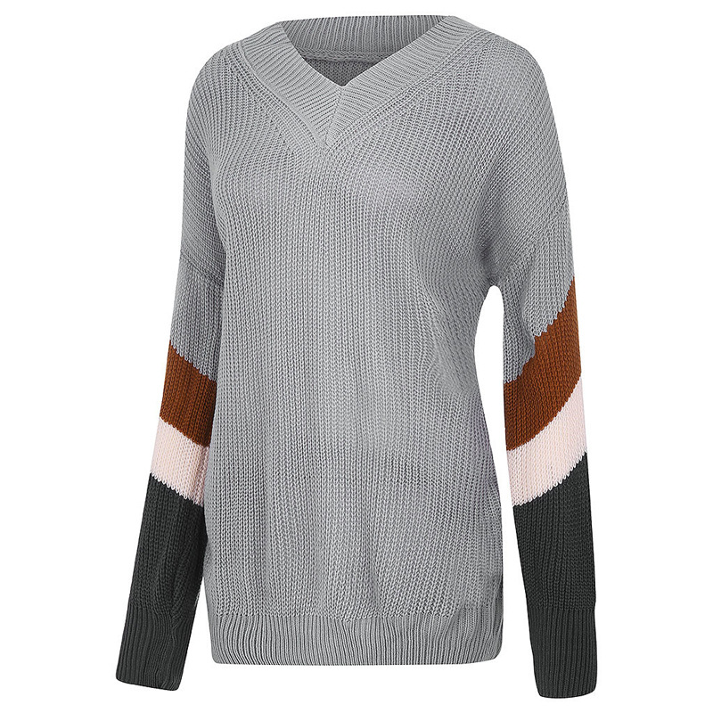 autumn V-neck lantern sleeve striped color-blocking sweater nihaostyles wholesale clothing NSLGY97524