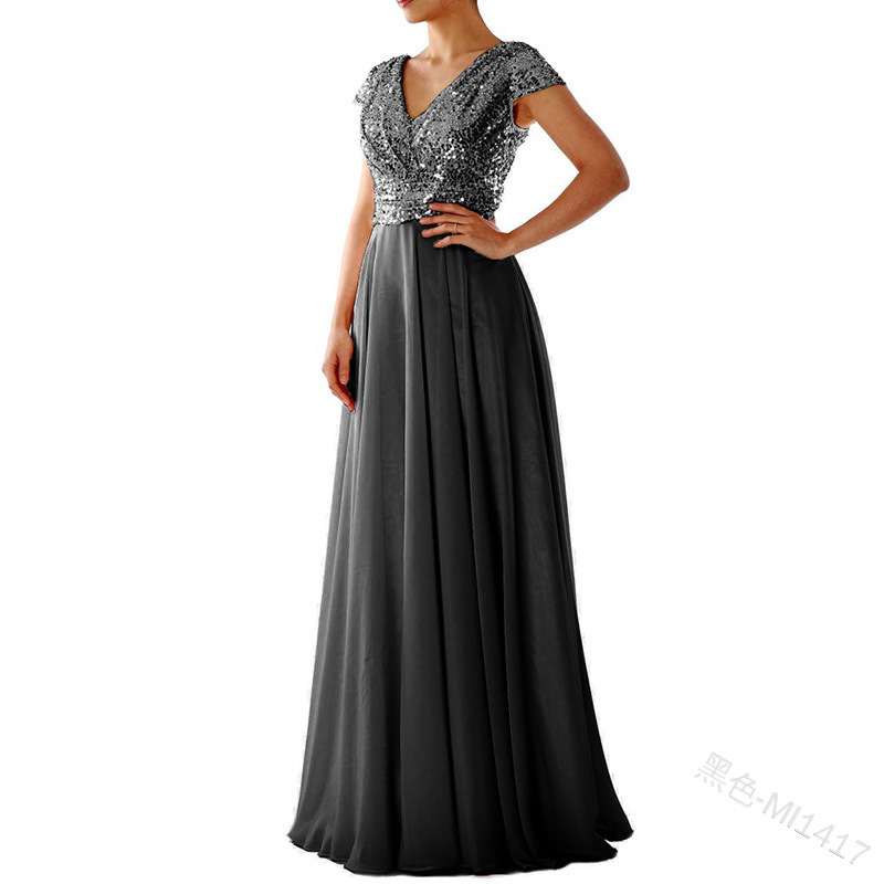 Women's A-line Skirt Fashion V Neck Sequins Patchwork Short Sleeve Solid Color Maxi Long Dress Daily display picture 1