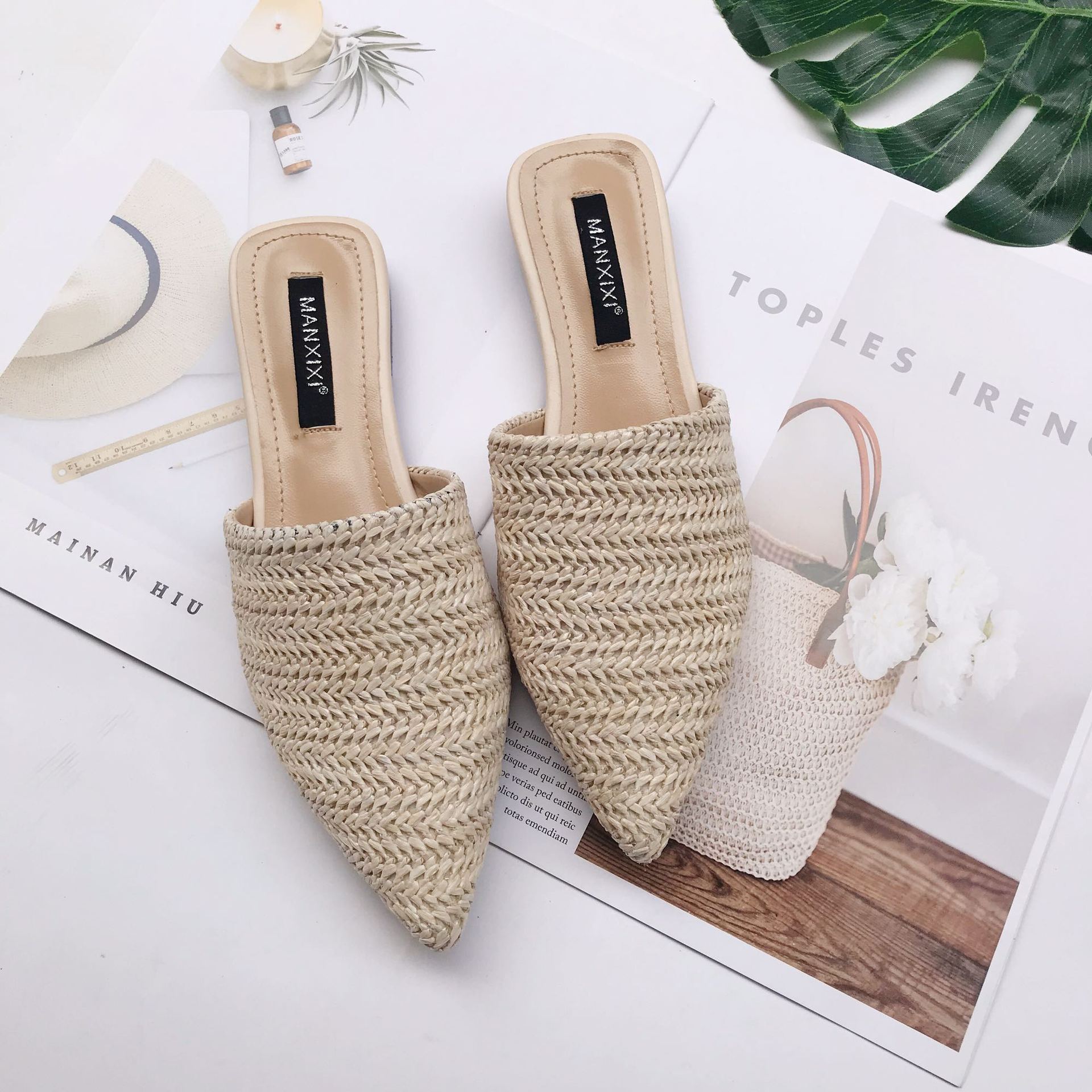 Slippers Fashion Pointed Toe Weave Mules Shoes Flat Slides Summer Beach Flip Flop Outside Slip On Shoes
