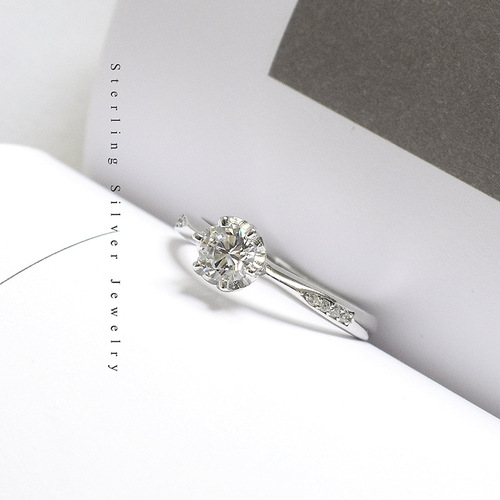 Living diamond ring s925 sterling silver proposal ring chic Korean version six-claw single ring couple ring women's silver ring jewelry