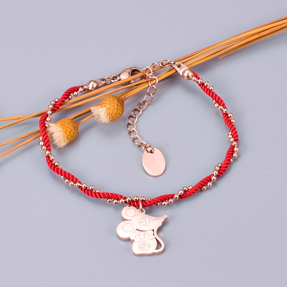 Corde Rouge Femme Mince Zodiaque Rat Année Natale Corde À Main Bracelet En Acier Titane display picture 3