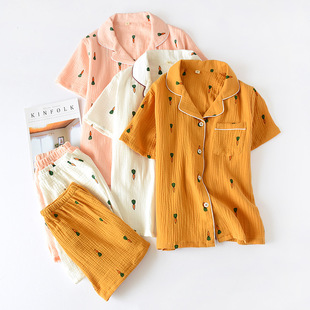 Summer couples wash cotton pajamas carrot Korean version of short sleeve shorts cotton crepe men's and women's home clothes wholesale