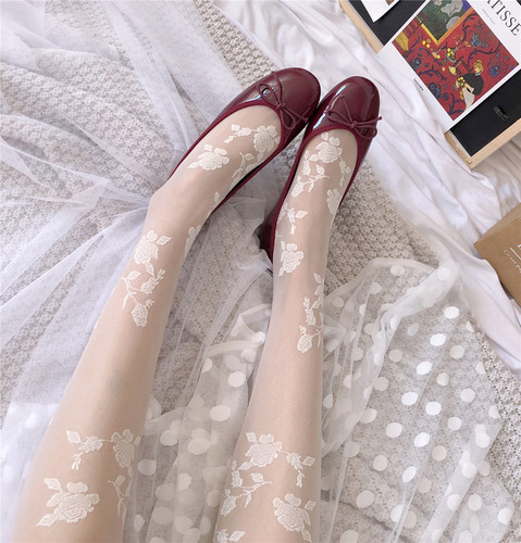 French elegant retro rose flower embroidered white stockings ultra-thin summer sweet palace pantyhose for women