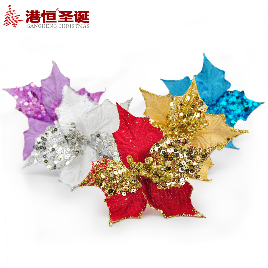 17cm simulación Navidad flor árbol de Navidad DIY Decoración Accesorios Punta esquina pegajosa lentejuelas tela flor falsa Flor de Navidad
