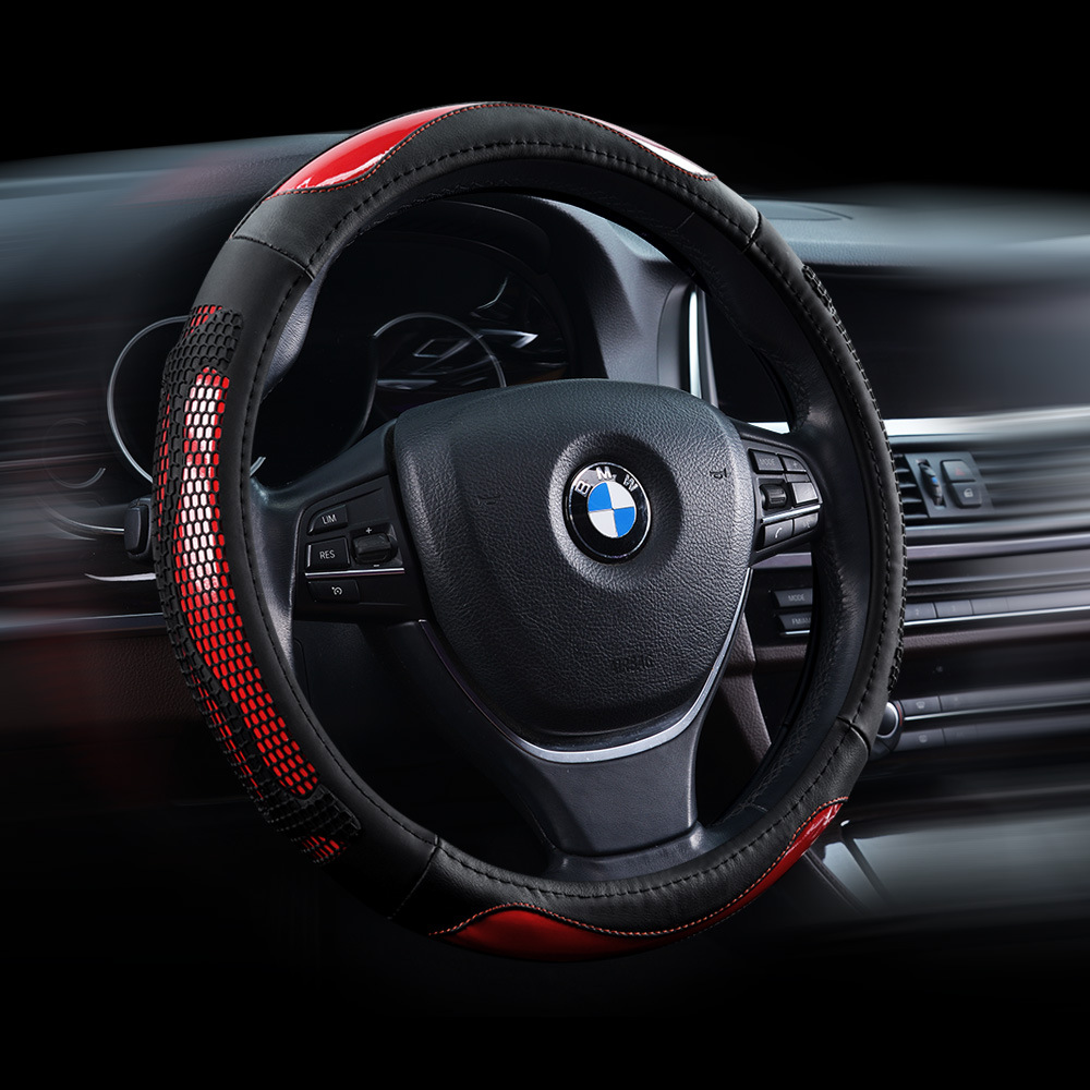 真皮汽车方向盘把套 四季通用防滑耐磨真皮汽车把套蜂窝透气卡通