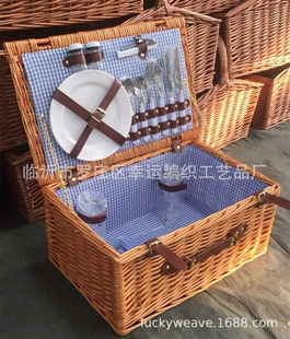 Пикниковая корзина Lucky Weaving, ивовая для 2 человек с полным набором посуды, 48×22×34 см