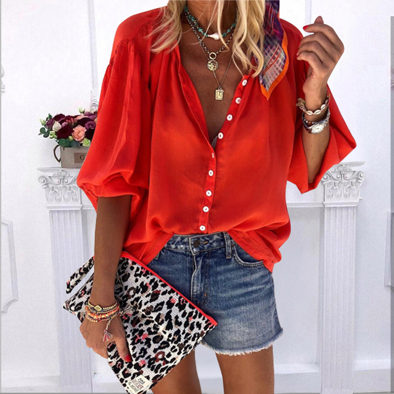 new solid color long-sleeved V-neck button blouse  NSKX10181