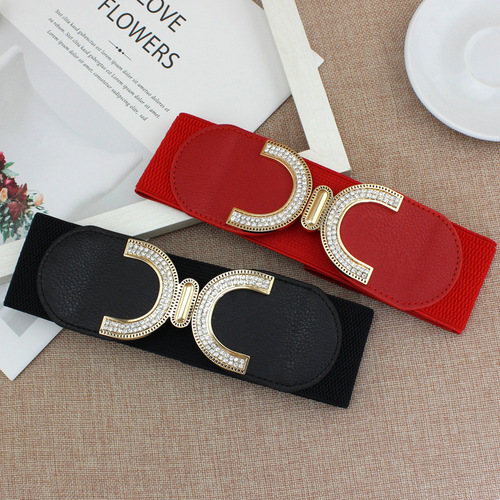 Women's rhinestone inlaid elastic elastic waistband sweet double C buckle dress slim waist wide belt one piece drop shipping