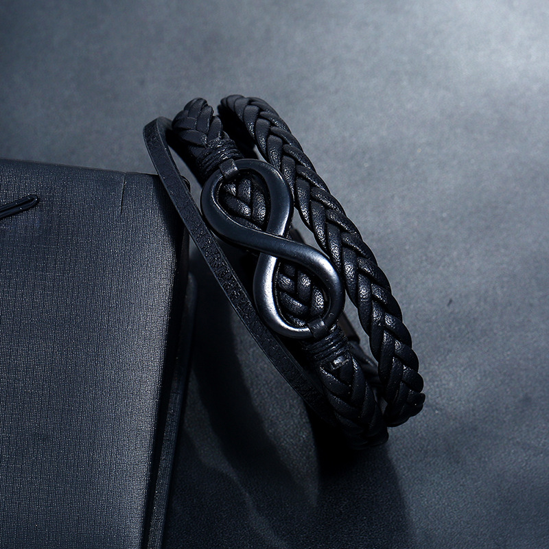 New Menu0027s Jewelry Black Stainless Steel Buckle Leather Bracelet Alloy Black Plated 8 Word Imitat