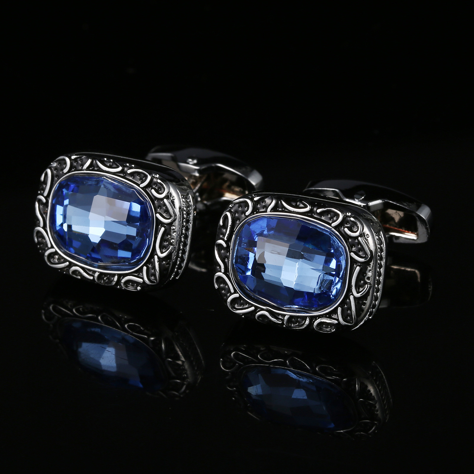 Retro pattern blue diamond crystal cuffl...