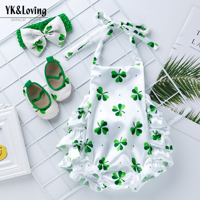 2020夏季新款新生兒寶寶色丁護肚樹葉圖案聖帕特裏克肚兜三件套