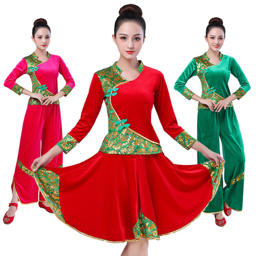 Women velvet red green chinese folk dresses square dance dance clothing pleuche suit practise adult Yangge umbrella fan performance clothes