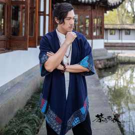 22秋男装 民族风棉麻印花不规则长款薄外套复古中国风男风衣批发