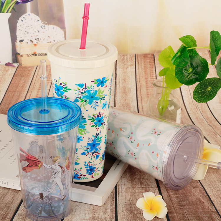 厂家批发双层AS塑料吸管杯 可插广告纸闪粉饮料杯 便携果汁奶茶杯