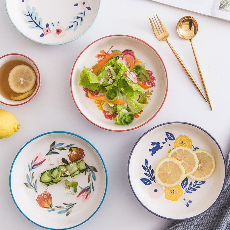 Huafu creativo pintado a mano cuatro estaciones plato de sopa de cerámica de estilo europeo plato hondo plato doméstico plato redondo plato grande plato de ensalada