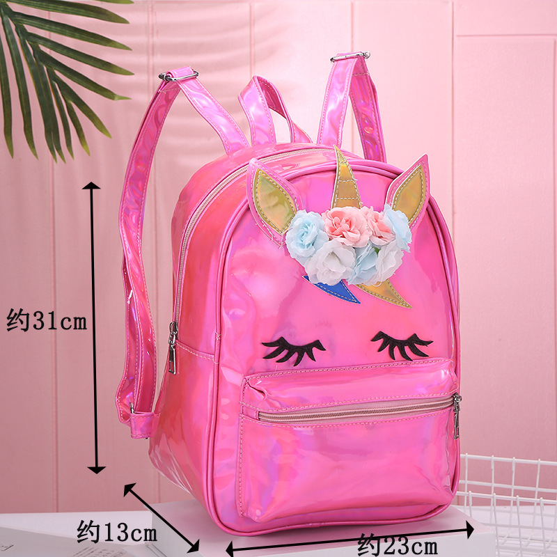 Unicorn large-capacity Unicorn laser bright pink schoolbag, cartoon women's backpack, travel bag, pu backpack detail image 3