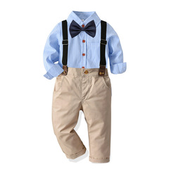 春秋新款童套裝 兒童歐美風長袖條紋襯衣領結長褲紳士套裝 四件套