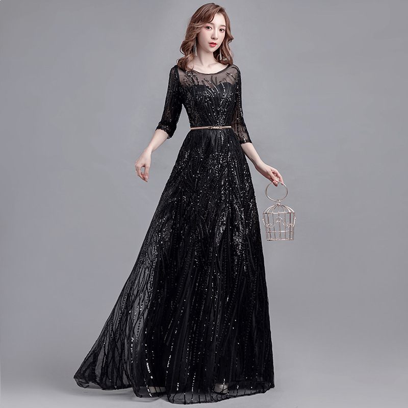 Evening dresses prom dress Robes de soirée evening gowns Chorus dress long dress banquet Sequin heavy worker black evening dress