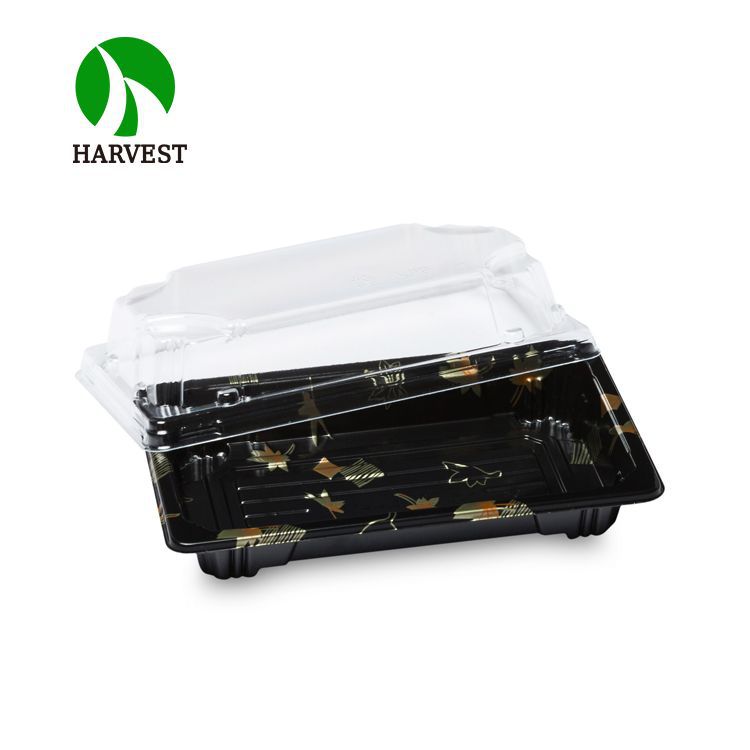 菁禾工厂一次性寿司盒大圆盘寿司盒厂家批发HP-01金叶PS防雾盖