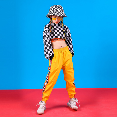 Girls yellow with plaid hip-hop street jazz dance costumes hip hop Cheerleading performance outfits model show clothing for girl aerobics dance clothes