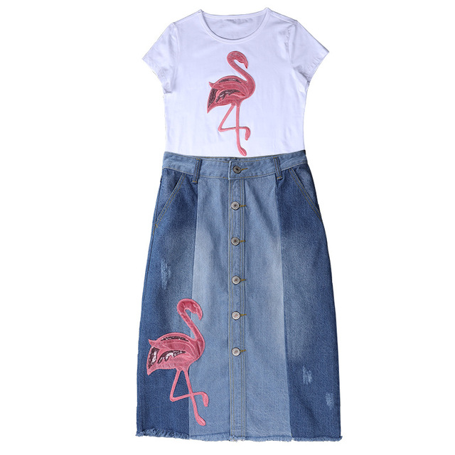 Fashion Printed T-shirt Top + High-waist Embroidered Jean Skirt 